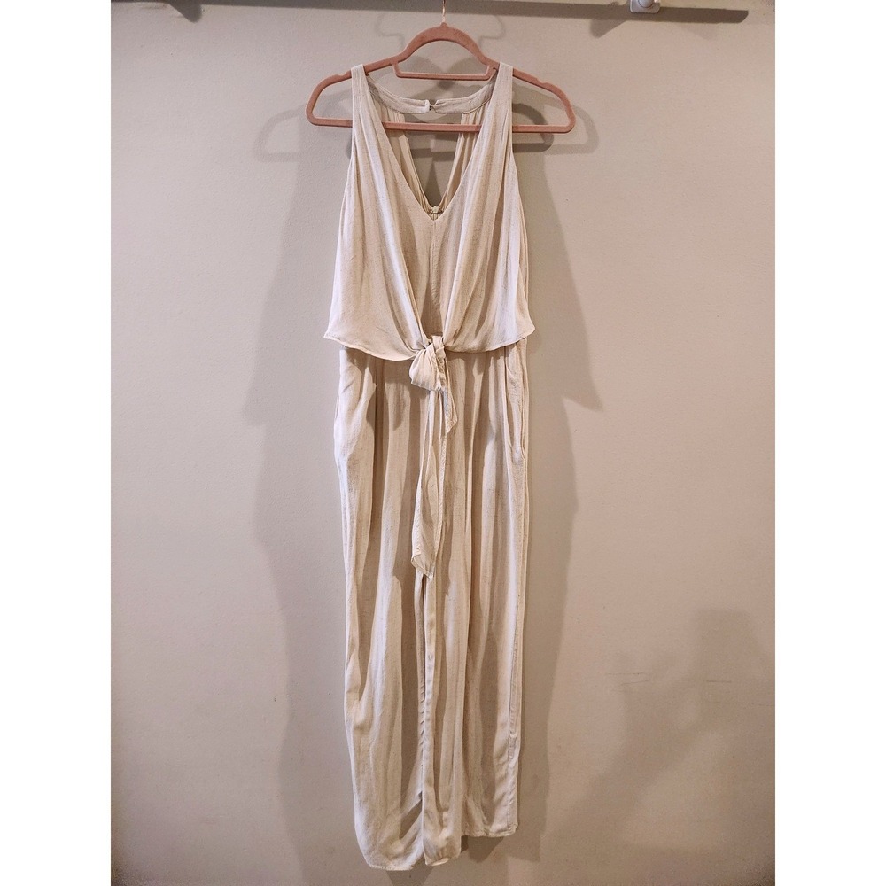 Elle Rae Women's Jumpsuit Tie Front Natural Beige Beachy Boho Pockets Size L